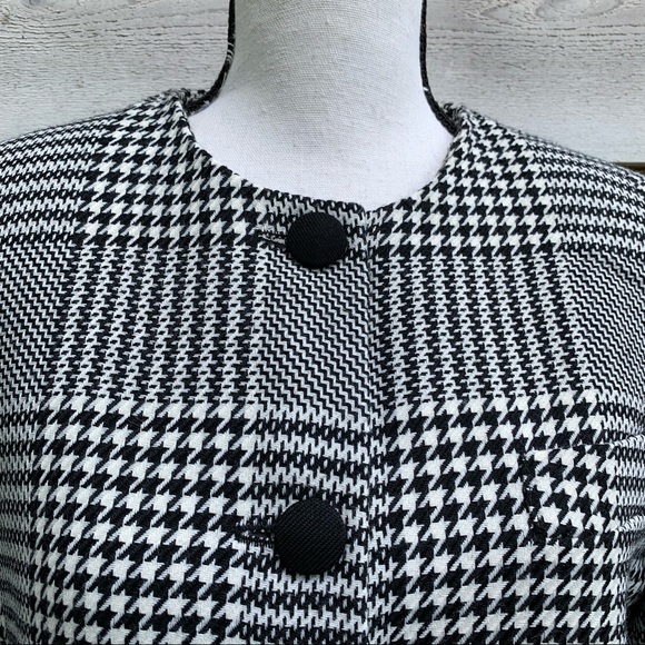 Vintage 80s Wool Blend Plaid Houndstooth Button Up Long Sleeve Collarless Blazer - Picture 4 of 16